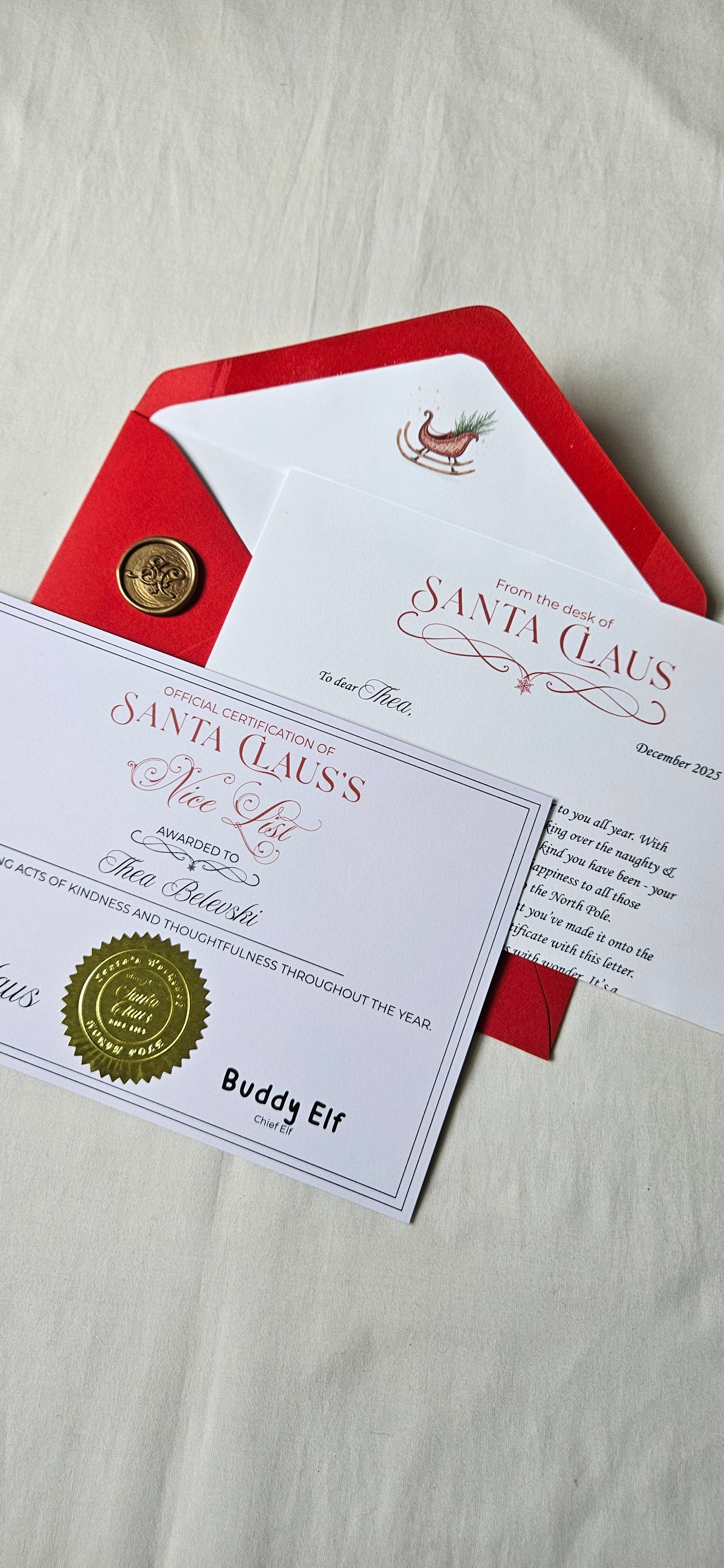 Letters from Santa and Nice List Certificate - Standard letter with Standard P.S. Message