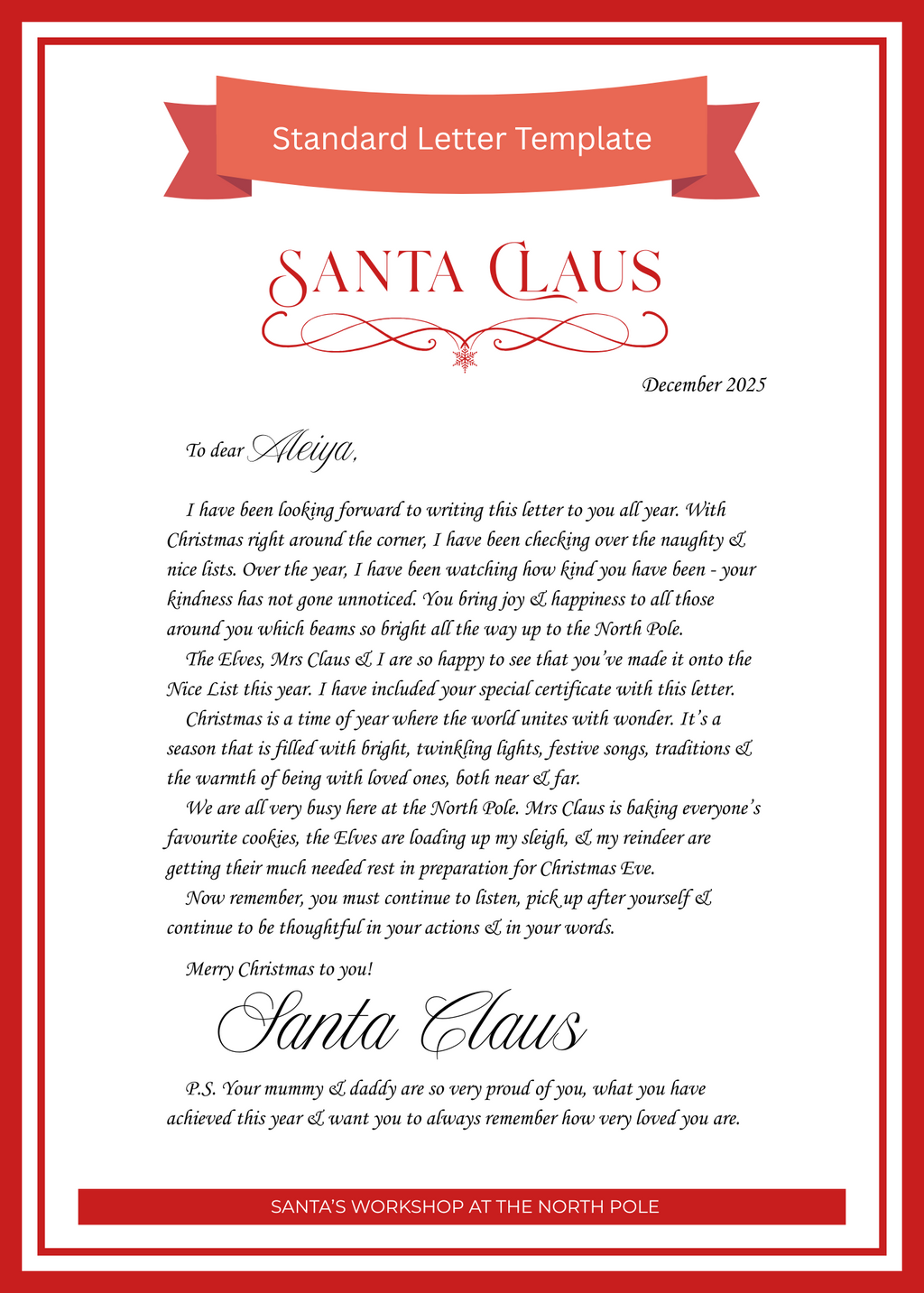 Letters from Santa and Nice List Certificate - Standard letter with Personalised P.S. Message