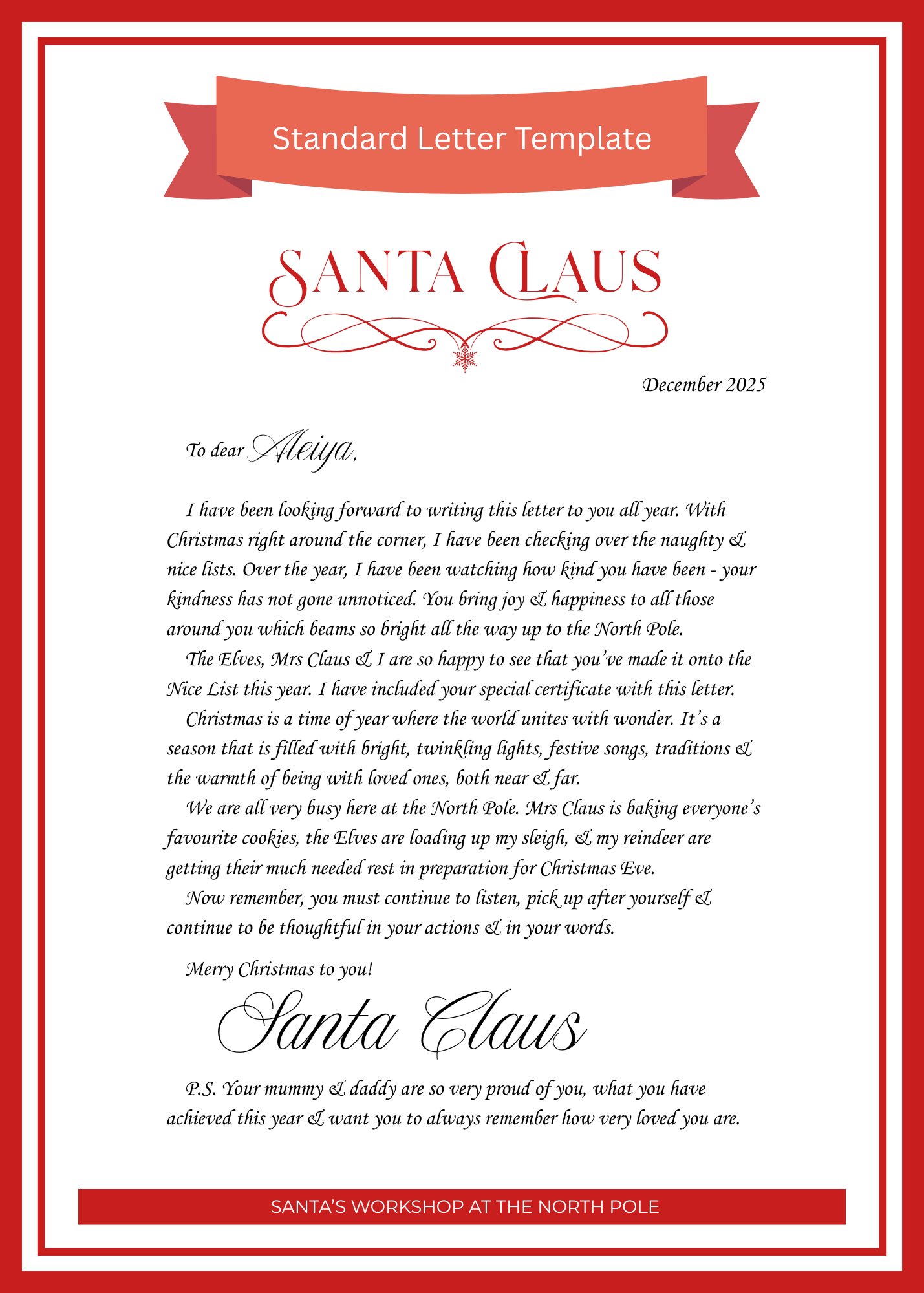 Letters from Santa and Nice List Certificate - Standard letter with Personalised P.S. Message