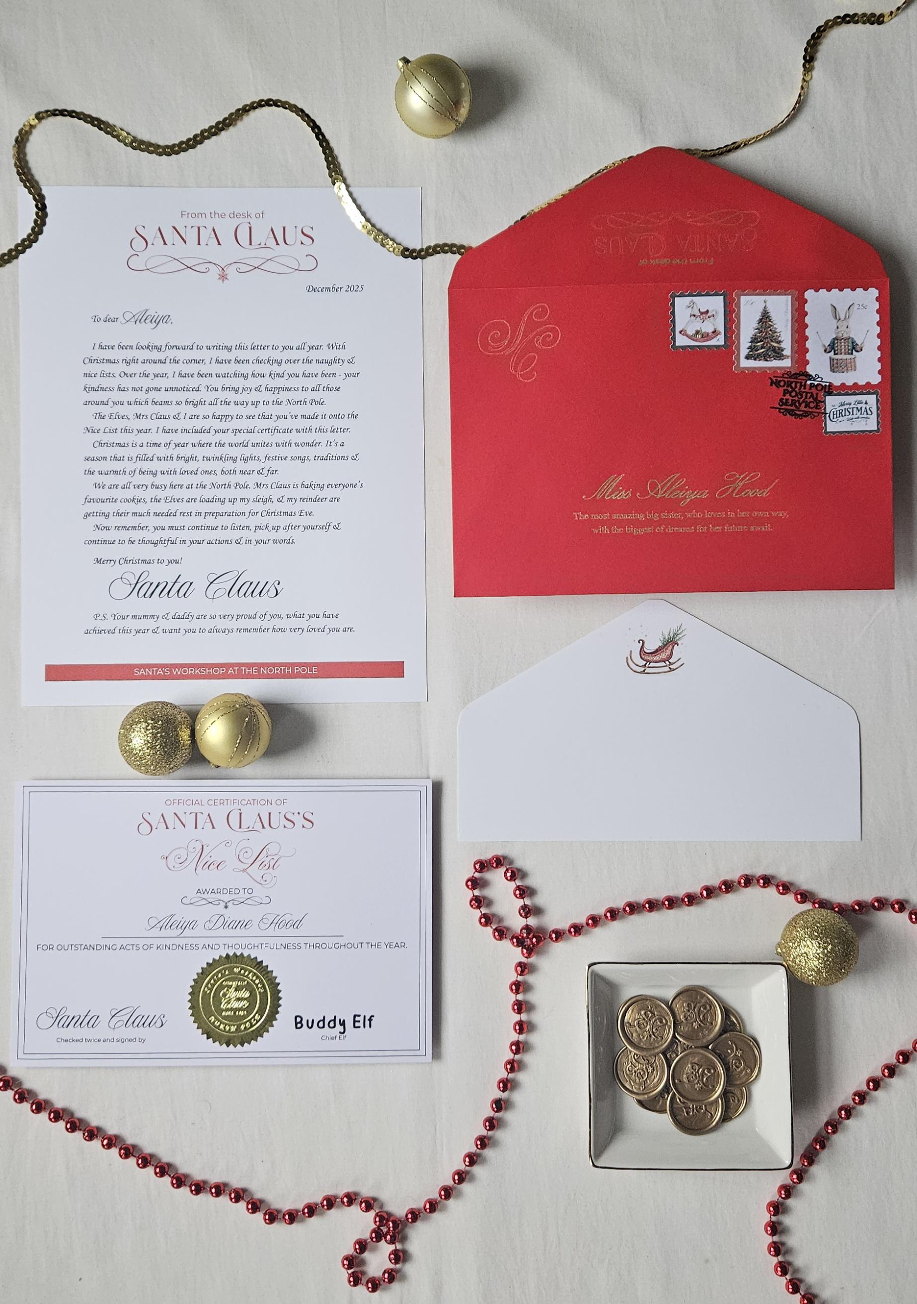Letters from Santa and Nice List Certificate - Standard letter with Standard P.S. Message